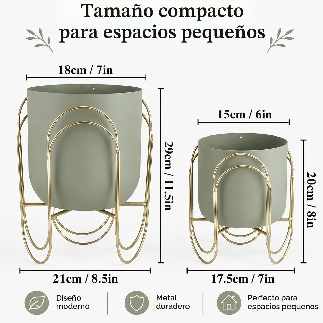 JHY DESIGN Juego de 2 macetas con soporte de metal para interiores y exteriores, 29/20 cm de alto, macetas modernas para sala de estar, esquina, cocina, oficina, jardín, balcón, decoración de patio