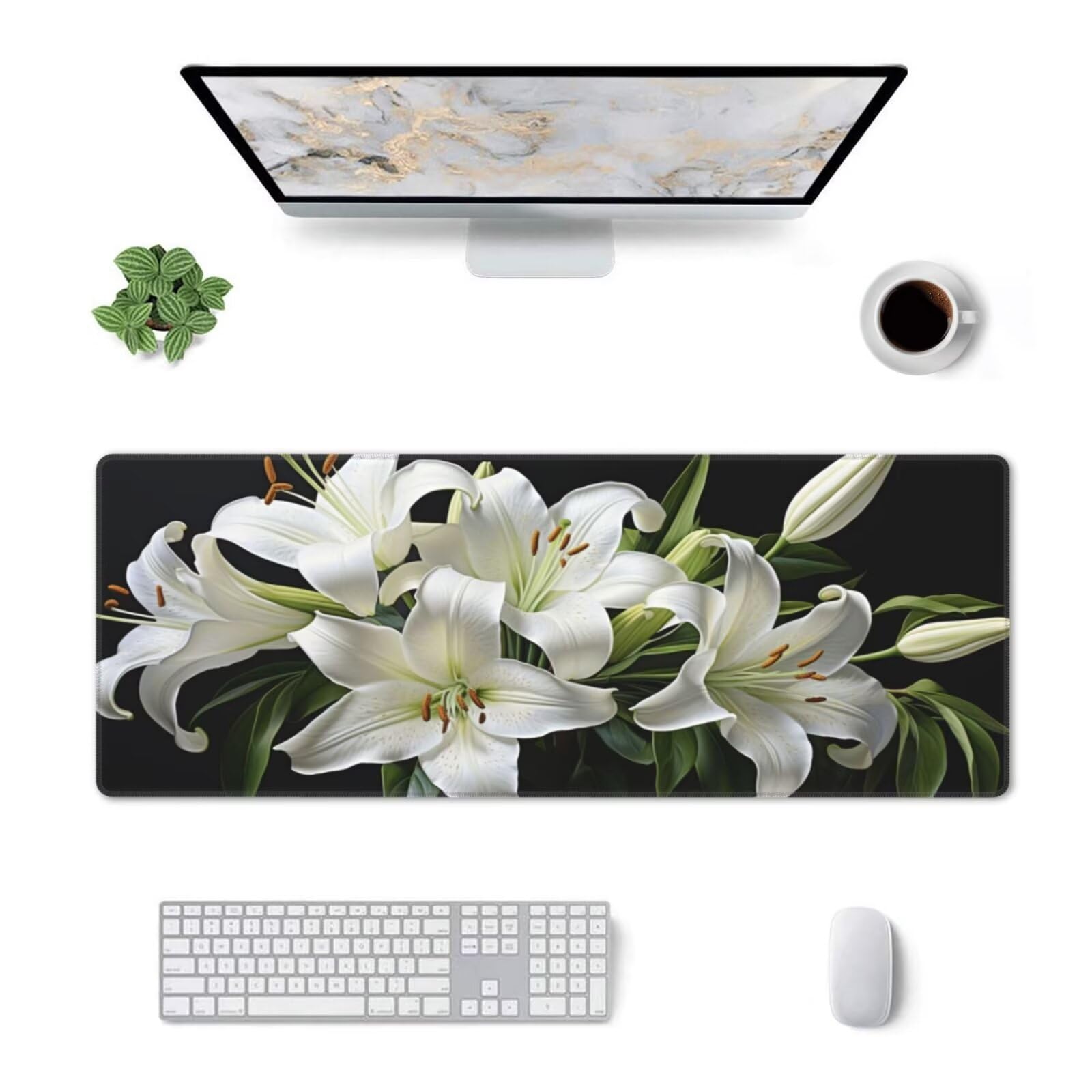 Tappetino Mouse, Tappetino Mouse Gaming Grande XXL 1500x800x3mm Tappetino Scrivania Mouse Pad, Base in Gomma Antiscivolo, Bordi Cuciti, Mousepad per Ufficio e Gaming (Fiore di giglio bianco) R-8