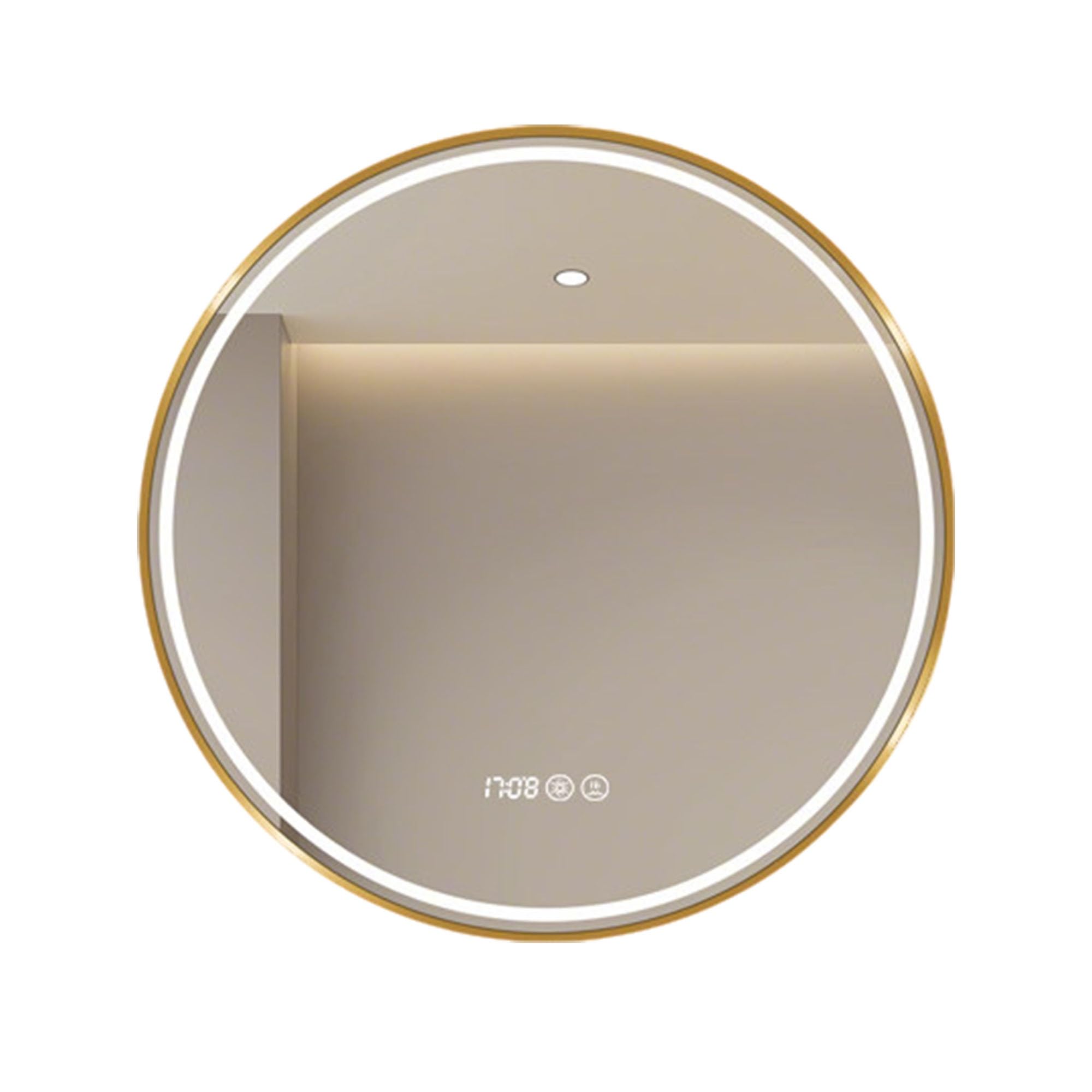 Zlthraustic Round LED Bathroom Mirror with Gold Frame, Smart Anti-Fog Vanity Mirror with Dimmable 3000K-6000K Light, Touch Control, Time Display(50cm)