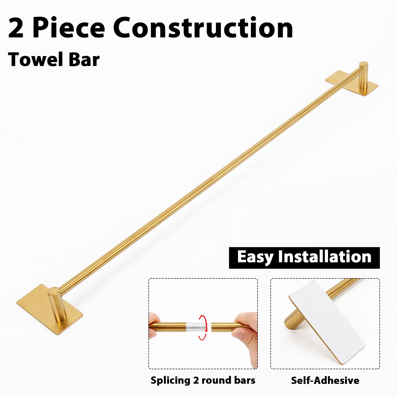 NearMoon - Toallero autoadhesivo para baño, de acero inoxidable, estante de pared para baño, toalla, colgante en percha pegajosa, estilo contemporáneo, sin taladrar (dorado cepillado, 60,8 cm)