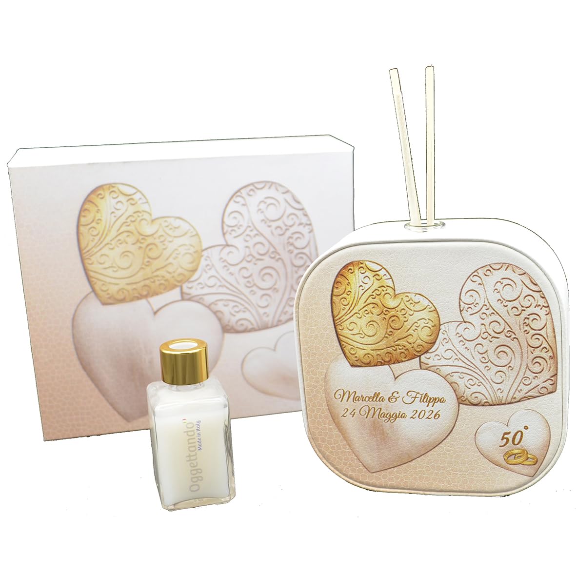ZESTAW 6 Konfigurowalny Faux Skóra Serca Perfumy z Skoordynowanym Box Ślub, Chrzest, Komunia, Stopień licencjata, Chrzciny, Rocznice i prezenty oryginalne i tanie (50 Lata P)