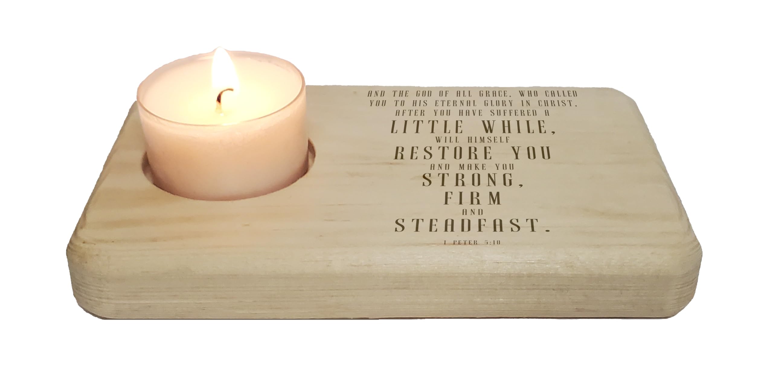 Christ Gift Spiritual Bible Verse Wood Tea Light Candle Holder with 1 & 2 Peter Bible Verse (1 Peter 5:10) Christian Gift Home Decor