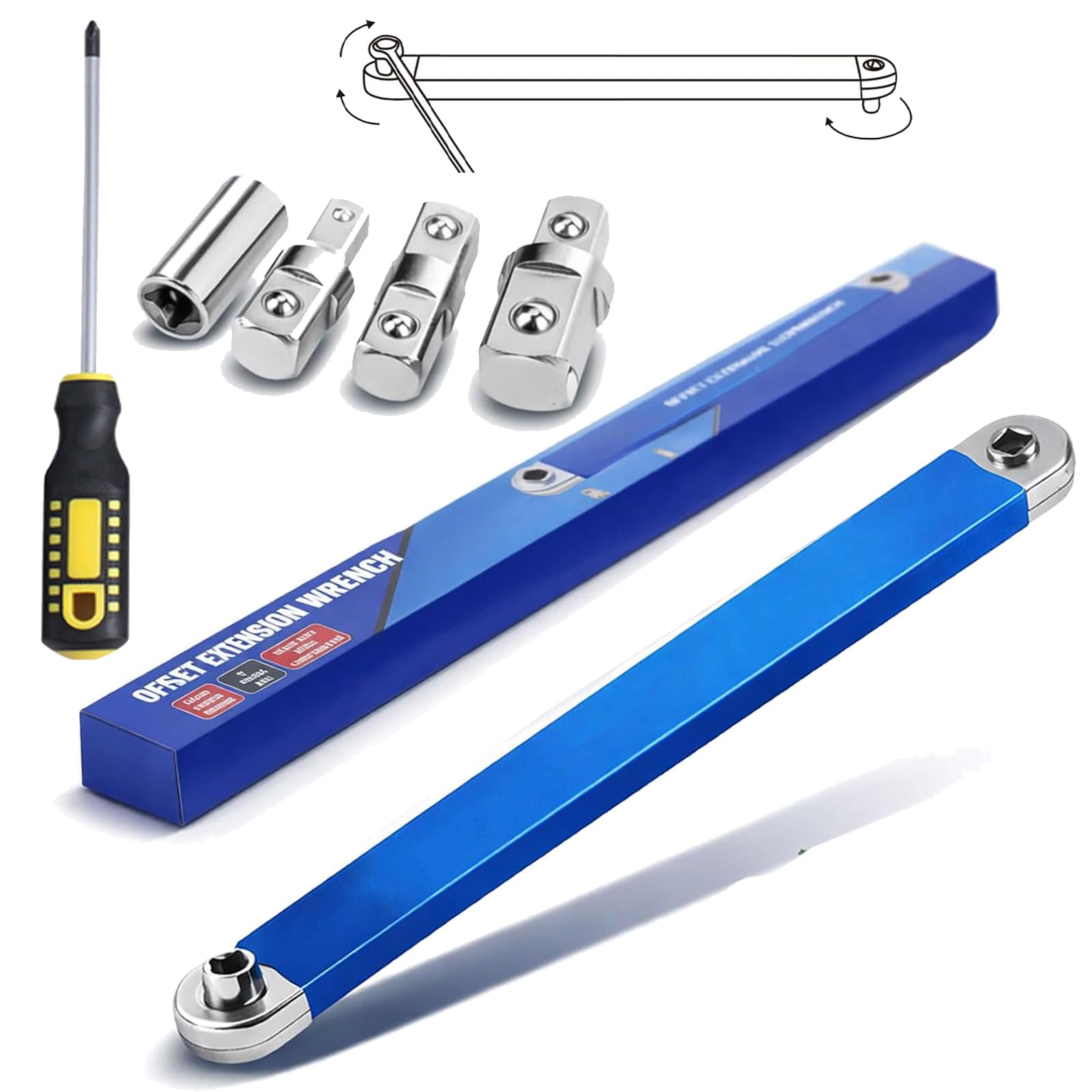 Chiave a Cricchetto con Prolunga Offset, 25/39cm Chiave a Cricchetto Offset, Set di Adattatori (1/2 pollici, 1/4 pollici, 3/8 pollici), ideale per spazi ristretti, riparazioni auto e progetti
