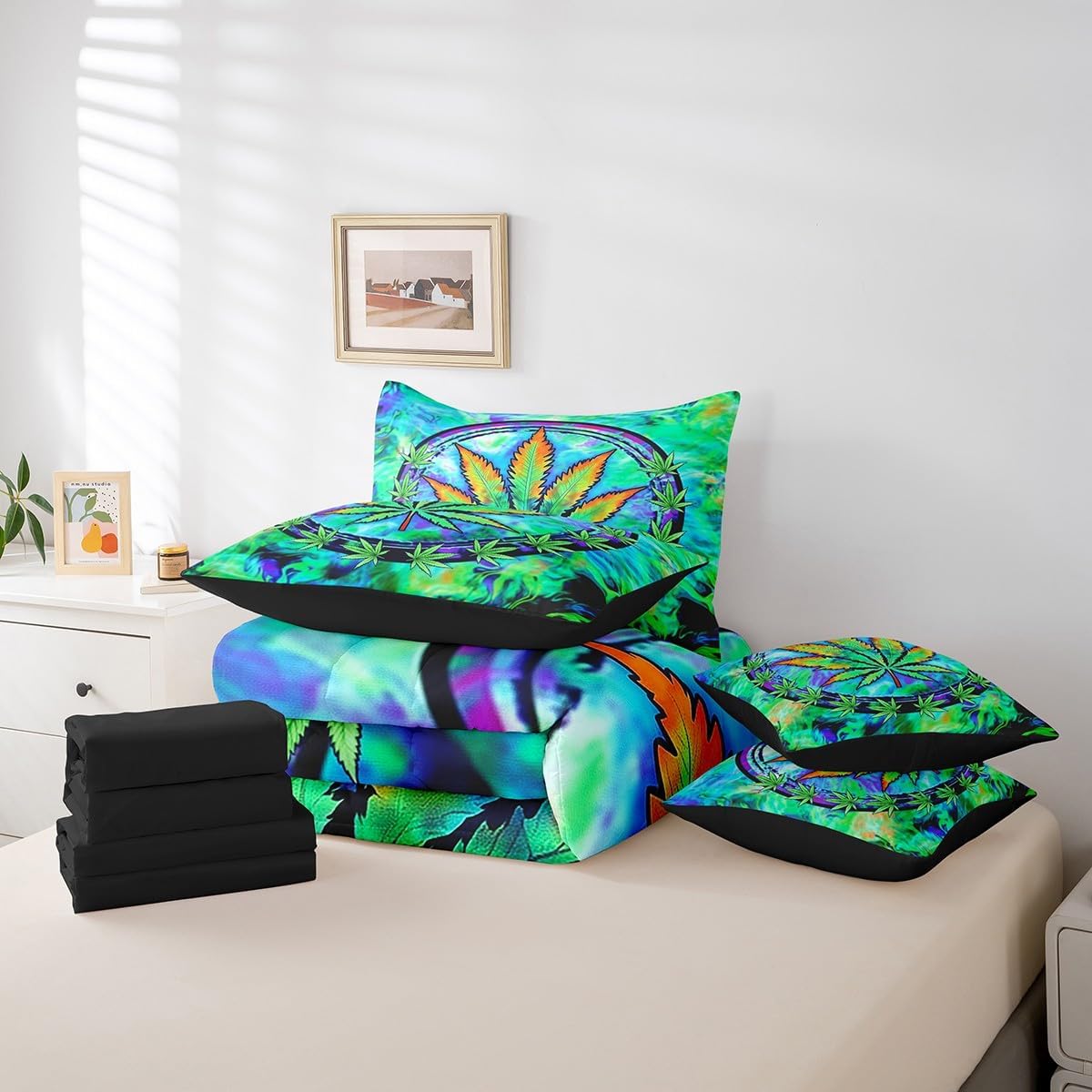 7 Pieces Queen Size Cannabis Leaf Comforter Set,Marijuana Weed Psychedelic Bedding Set for Boys Girls,Tie-dye Graffiti Trippy (Comforter+Fitted+Flat Sheet+2 Pillowcases+2 Throw Pillow Covers)