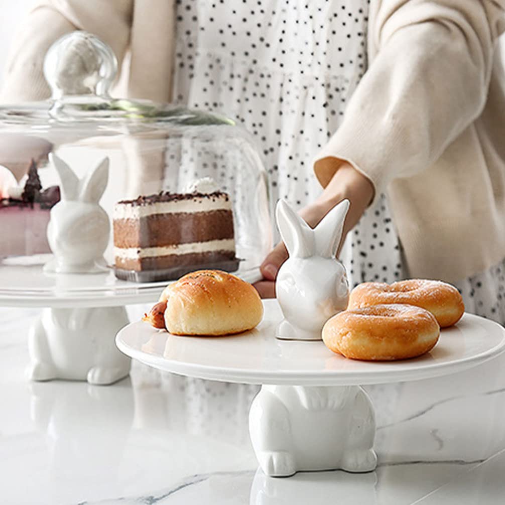 1 Set Bunny Rabbit Ceramics Plate Cute Cake Stand with Glass Dome