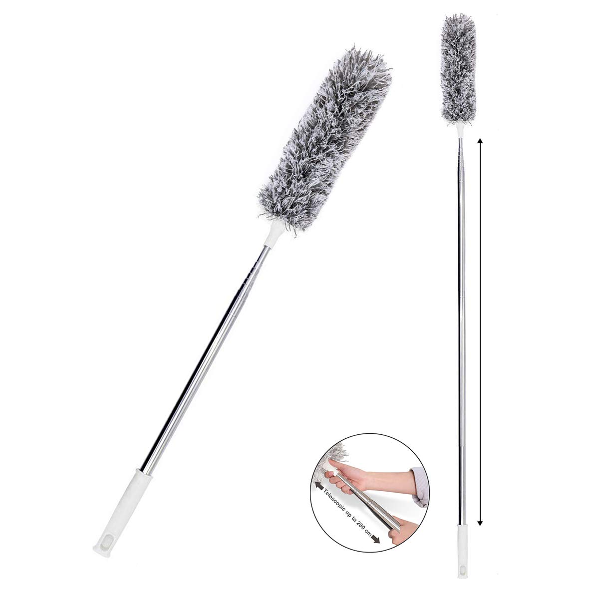 Microfiber Duster with Extendable Pole GKONGU (31.5-110 Inches) Washable and Detachable Household Telescoping Bendable Head Duster Scratch-Resistant Cover for Cleaning Floor, High Ceiling Fan, Blind