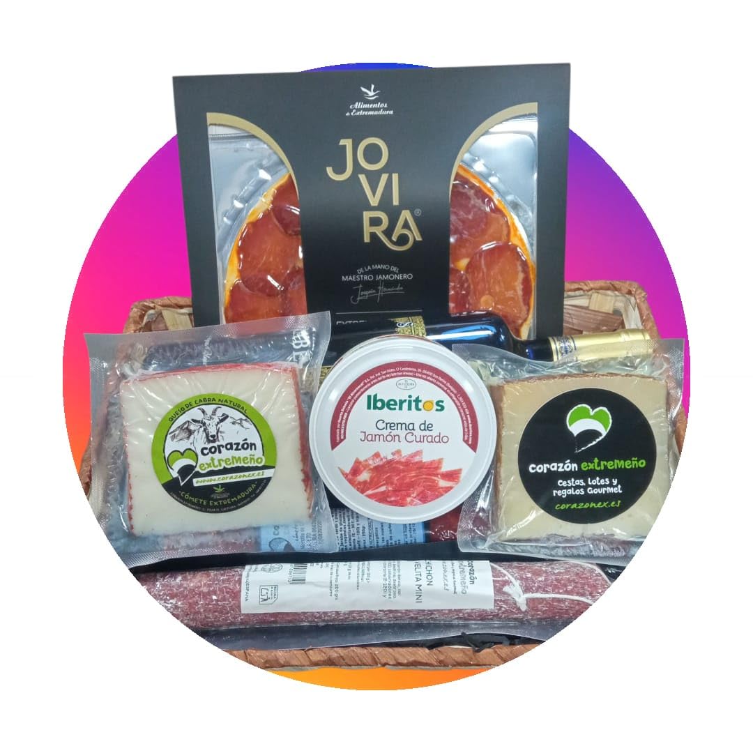 Cesta Navidad Gourmet Empresas – Chorizo y Salchichón Vela Ibérico, Lonchas de Lomo, Queso de Cabra y Oveja, Crema de Jamón Curado y Vino Blanco Árabe – Regalo Ibérico Premium – CORAZON EXTREMEÑO