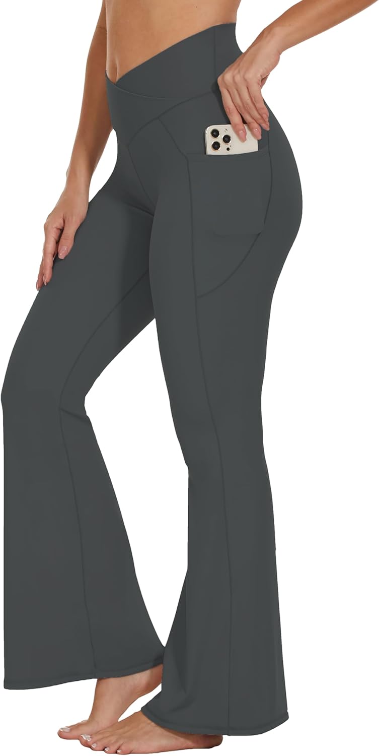 Women’s Flare Crossover Leggings with Tummy Control, High Waist Wide Leg Yoga Pants with Pockets