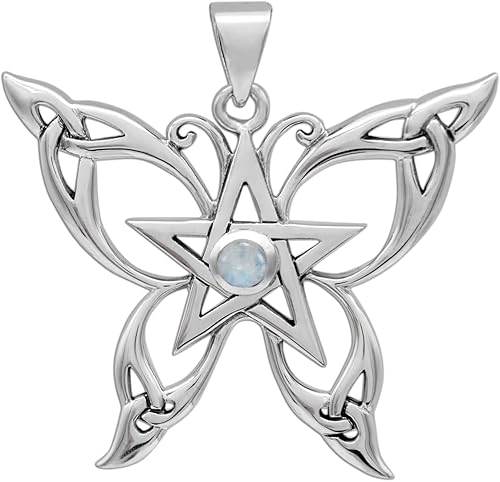 Dryad Design Colgante de pentagrama de mariposa con diseño de brujería Wicca de plata de ley y piedra lunar arcoíris, Plata esterlina, Adularia