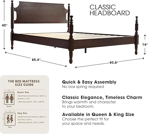 Miniatura 2 de Base de cama tamaño Queen, plataforma de madera maciza con cabecero y estribo, patas centrales de metal, 12 listones de alta resistencia, sin ruido