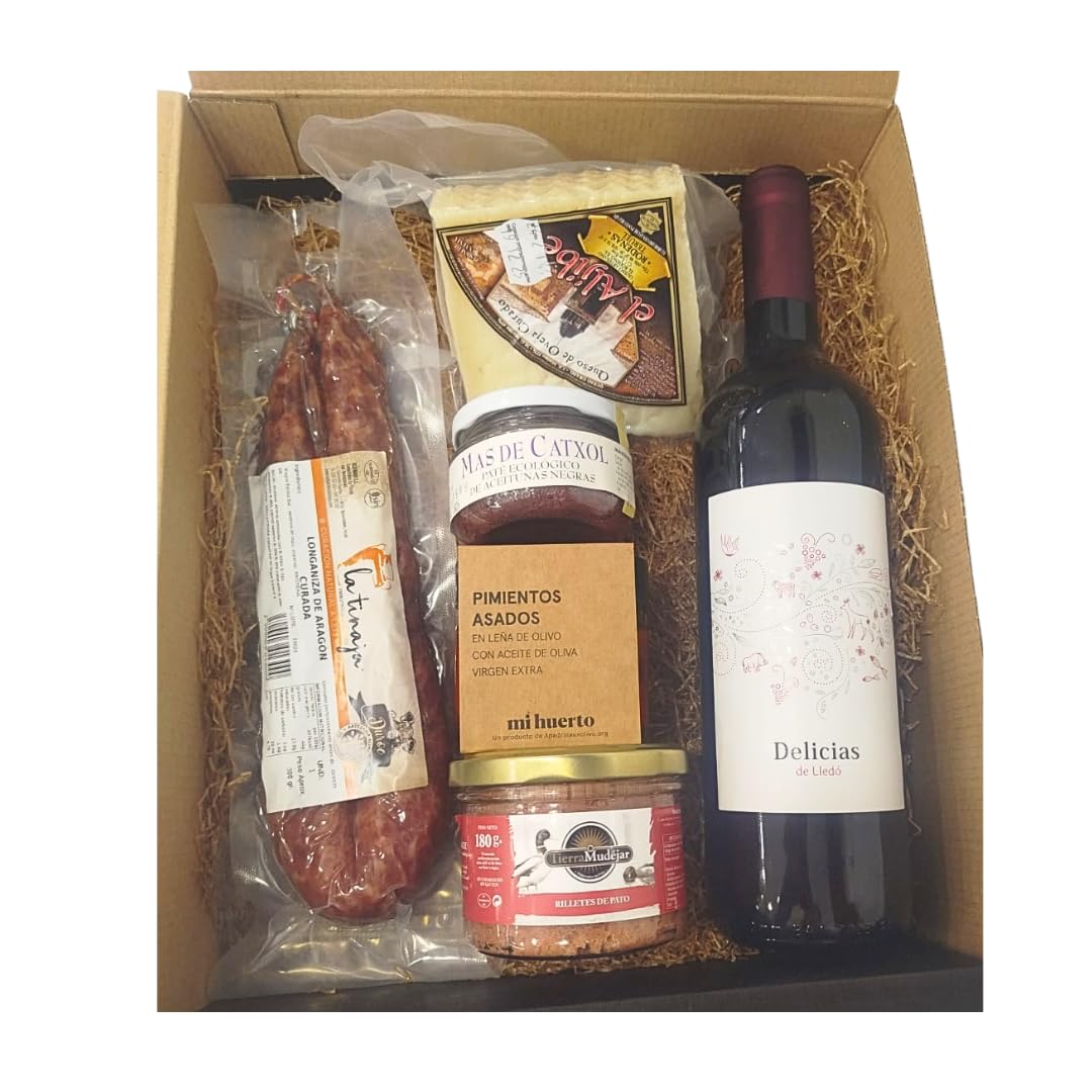 DEGUSTA TERUEL. Cesta Gourmet para Regalo con Vino tinto joven, Longaniza de Aragón, Pimientos asados, Paté de olivas negras, Cuña de queso de oveja curado y Rilletes de Pato