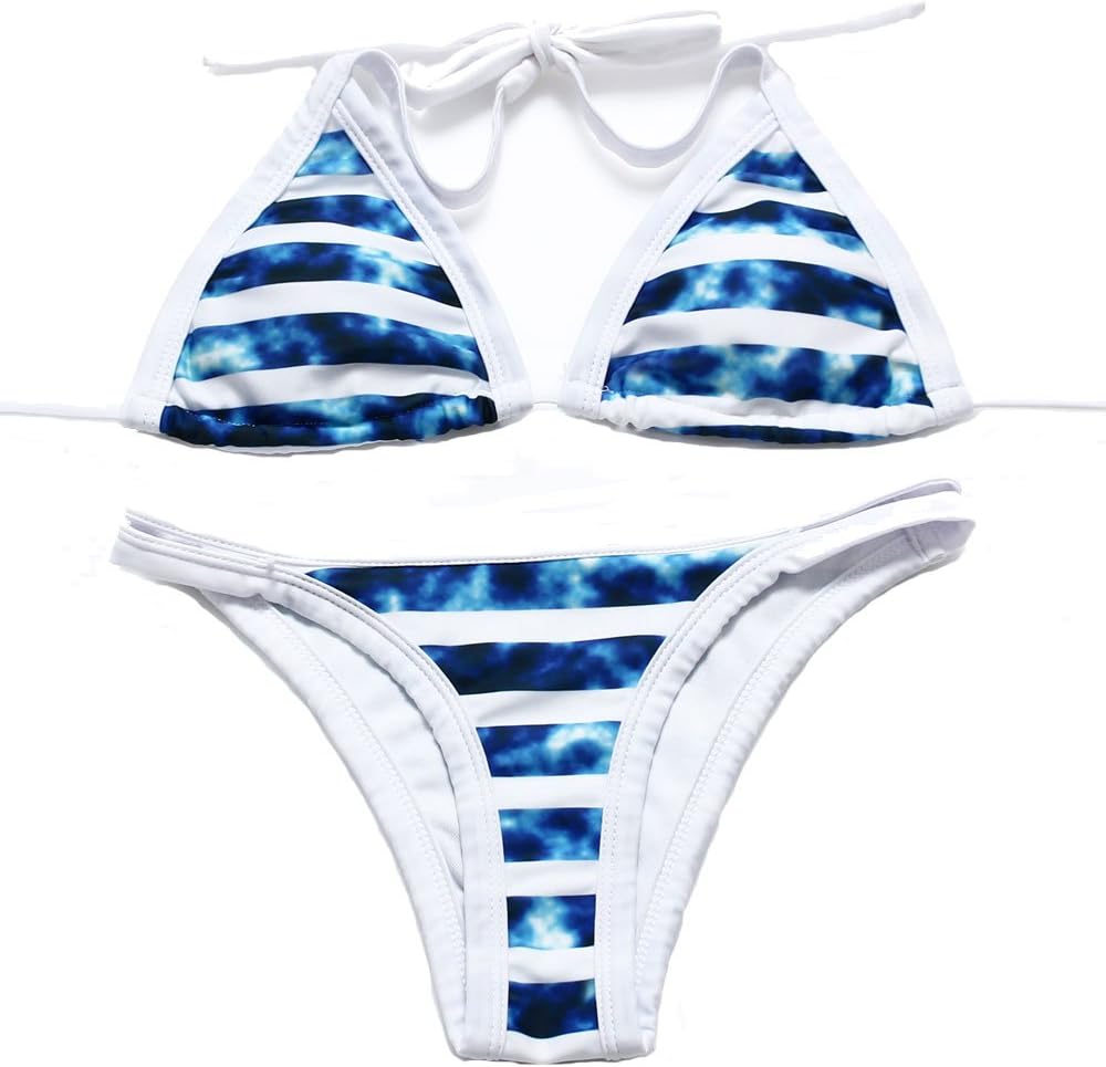Women's Traingle Halter Swimwear Print Swimsuit Bikinis Set(L,Blue)