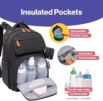 Diaper Bag Backpack by BabbleRoo - Travel Large Baby Diaper Bag with Changing Pad, Waterproof Baby Bag for Mom and Dad, with Pacifier Case, Luggage Strap with Stroller Clip, Black