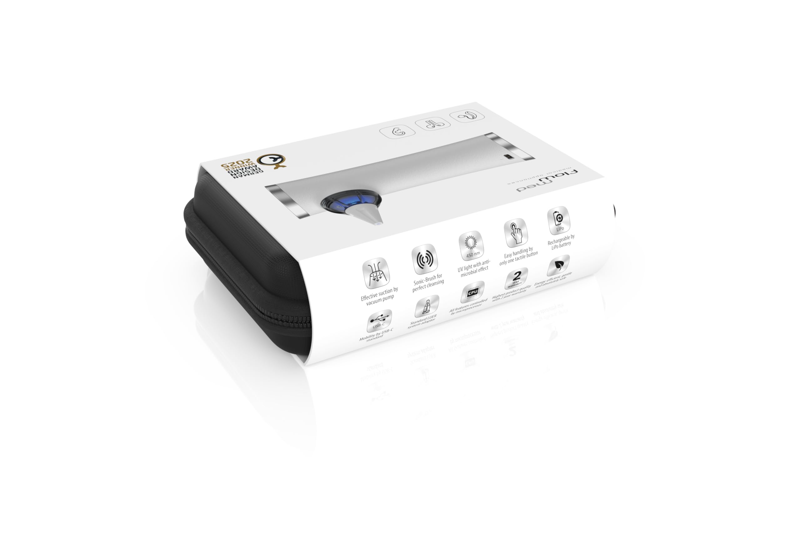flow-med vac-clean UV 2.1 - Aspirador Recargable para Audífonos - Deshumidificador de Audífonos - 14 Accesorios - Luz UV con Efecto Antimicrobiano - USB-C - Batería Recargable - con Estuche
