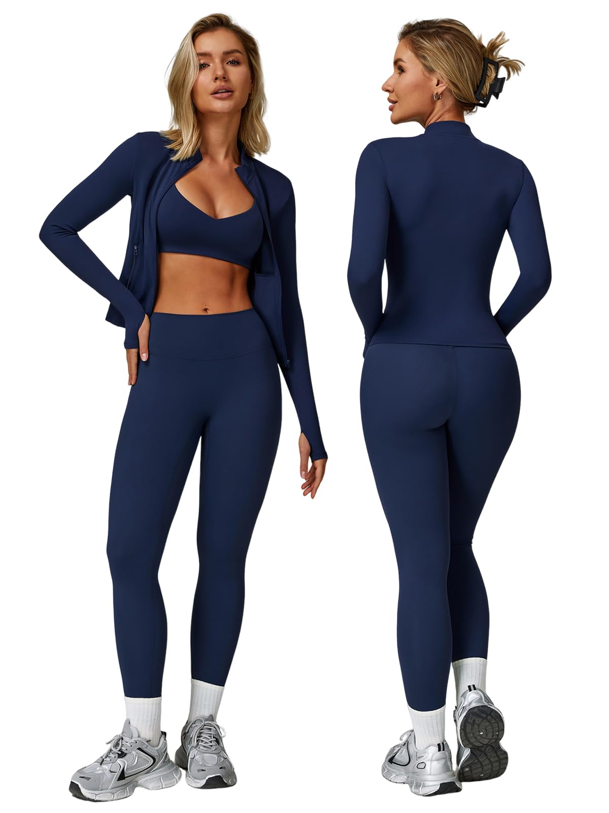 Photo 1 of EFOGEP 3 Piece Women Workout Sets Sports Bra Long Sleeved Jacket High Waist Legging Suitable for Yoga Golf Outfits Set Blue S