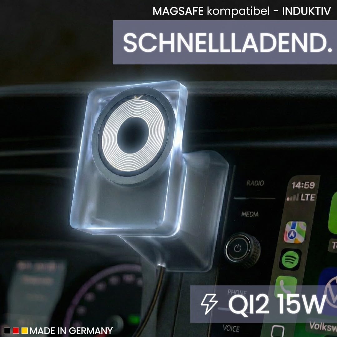 Uchwyt na telefon komórkowy do VW T6.1, MagCharge: 15 W, ładowanie indukcyjne i kompatybilny z MagSafe, bezprzewodowa ładowarka Qi2 z aktywnym chłodzeniem, akcesoria do T6.1 Multivan, California