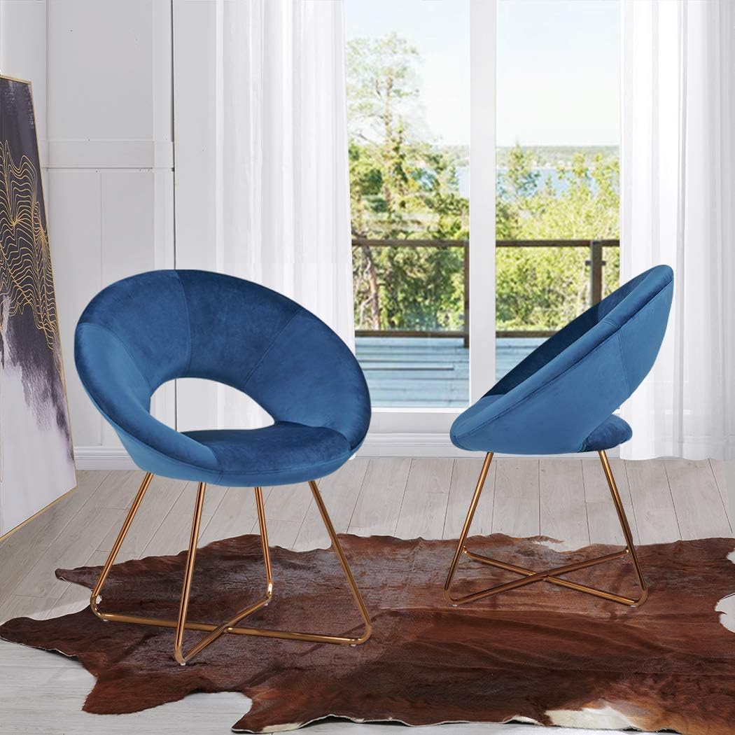 DUHOME Modern Accent Velvet Chairs Single Sofa Comfy Upholstered Arm Chair Mid-Century Leisure Lounge Chairs with Golden Metal Frame Legs Set of 2 Blue