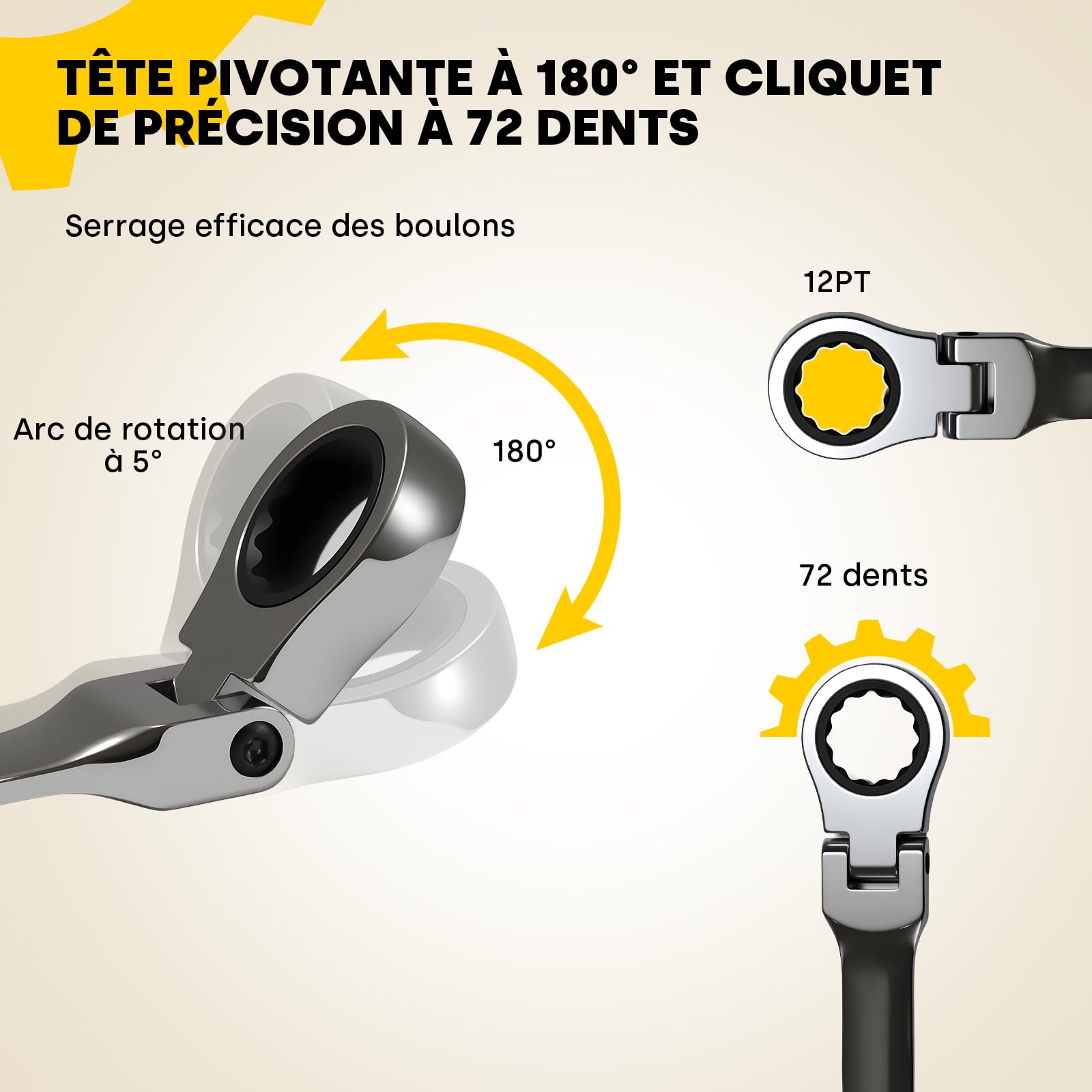 Enventor Jeu de 8Pcs Clé Plate à Cliquet, Tête flexible à 180°, 72 dents, Rangées dans une pochette de rangement, Acier au Chrome Vanadium, Métrique 8-19 mm, Pour réparations électriques