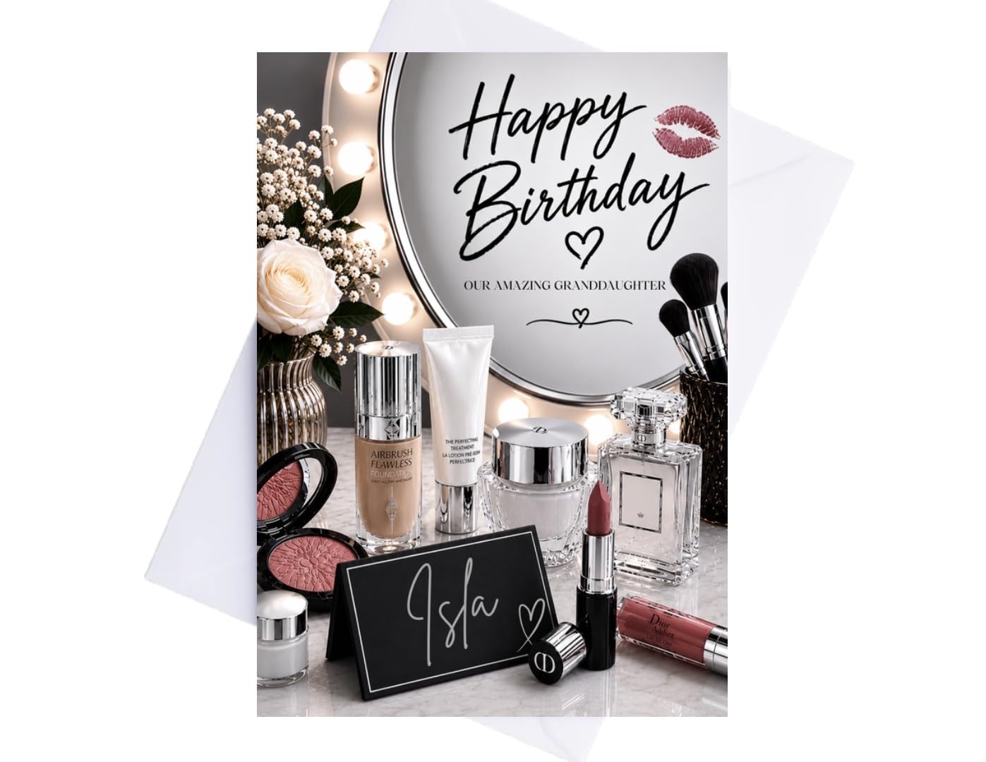 Personalised Makeup Birthday Card for Teen, Daughter, Granddaughter – Custom Name & Front Text – Optional Inside Message – A5 Luxury Cosmetic Theme Greeting Card – 300gsm Card with White Envelope