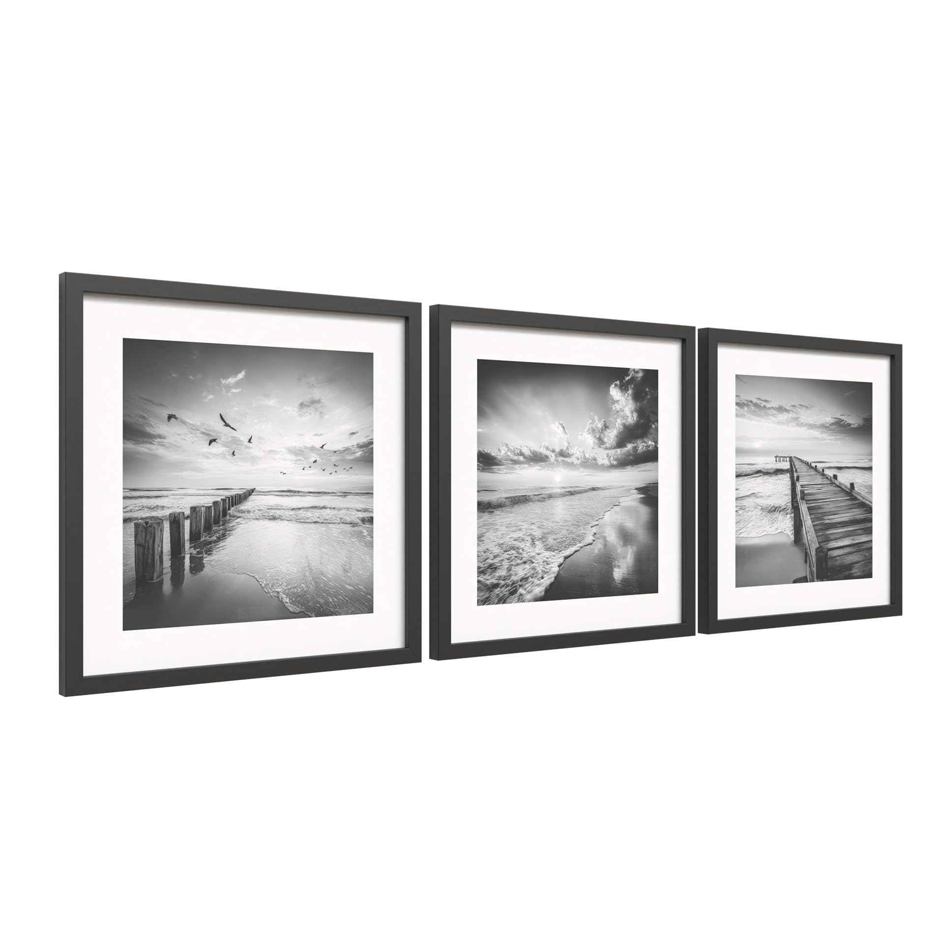 STYLER Bilder Set Windy Sea 3x 30x30 cm (AUFHÄNGFERTIG) mit schwarzem Holzrahmen – Schwarz Weiß Meer Wandbilder – Maritime Fotografie Poster Modern Minimalistisch