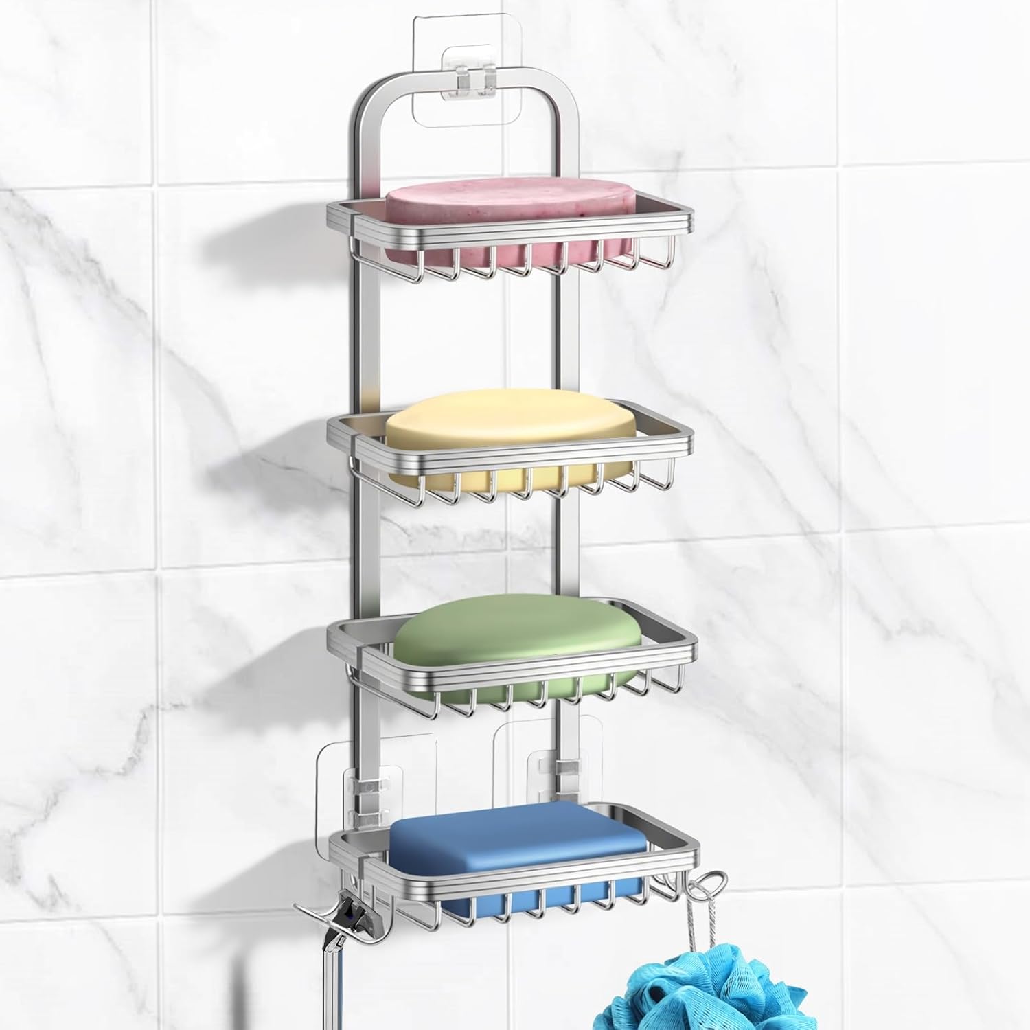 4 Tier Soap Bar Holder for Shower Aluminum Wall Mounted Rustproof Soap Holder with 4 Hooks and Razor