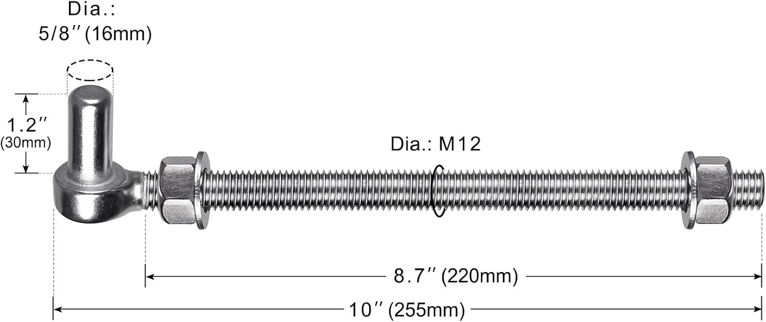 M12x 10'' J Bolt Gate Hinge, Lightweight Gate Hinges with 5/8" Male Pin, 304 Stainless Steel J Bolt Post Hinge for Farm Gates, Load Capacity up to 500Lbs (2Pcs, Washers & Nuts Included)