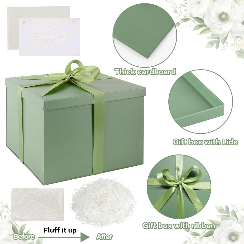 Juego Cajas Regalo, Cajas Regalo Verde con tapas Caja regalo Profundo con cinta 24 x 24 x 18 cm Caja regalo Papel seda triturado Tarjetas felicitación para Navidad Cumpleaños Aniversario Bodas