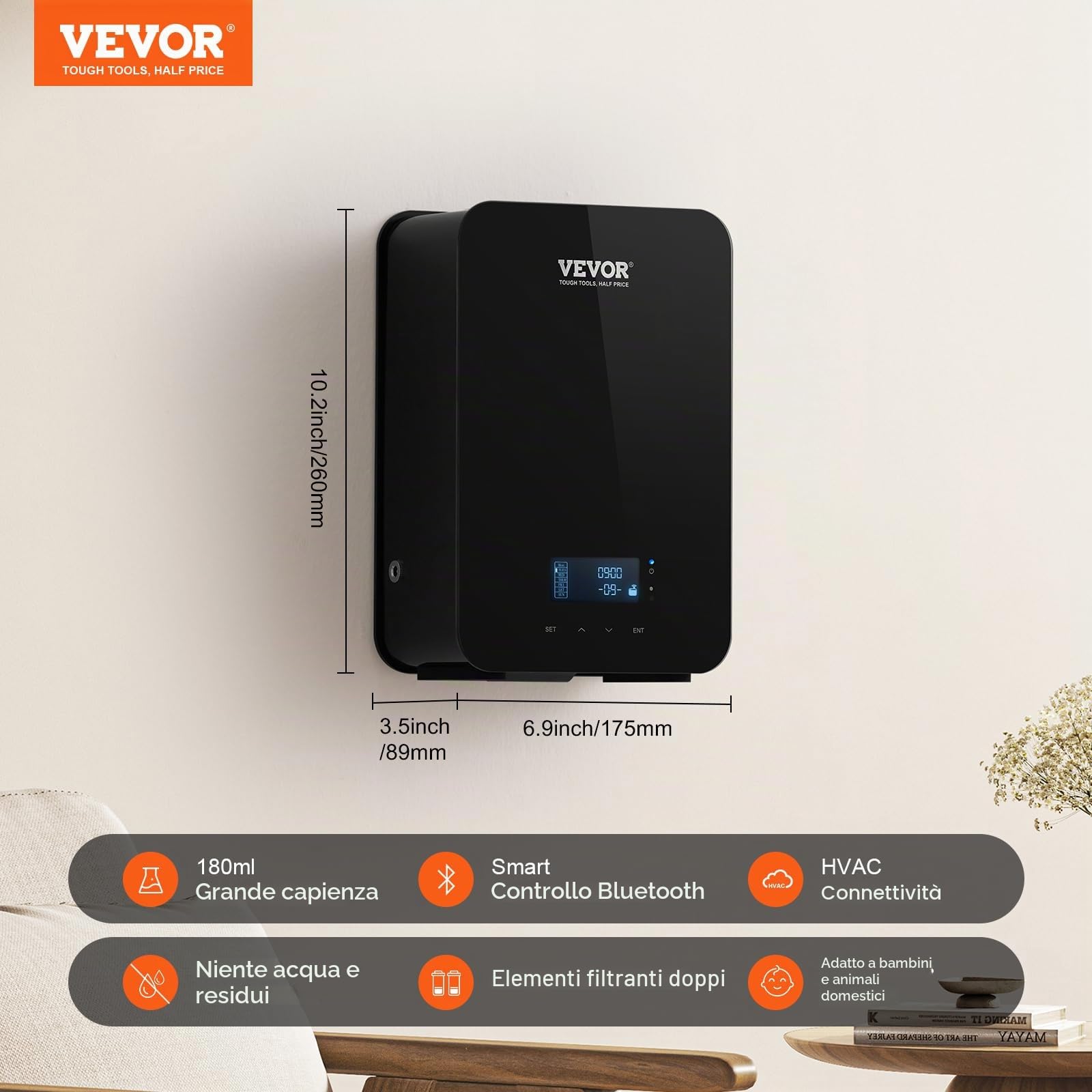 VEVOR Diffusore di Profumo HVAC, Macchina profumata Intelligente per la casa, 180ML Diffusore di Oli Essenziali Senza Acqua, Copertura 2000 Piedi Quadrati Soggiorno, Ufficio, Spa, Hotel