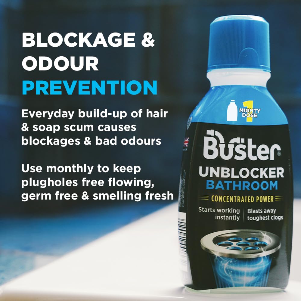 Buster Bathroom Drain Unblocker (Pack of 2 x 300ml) Fast-Acting Sink Unblocker Dissolves Hair, Sludge and Soap, Drain Cleaner Clears Blockages in Shower, Bath and Bathroom Sink Pipes - Made in UK — view 5