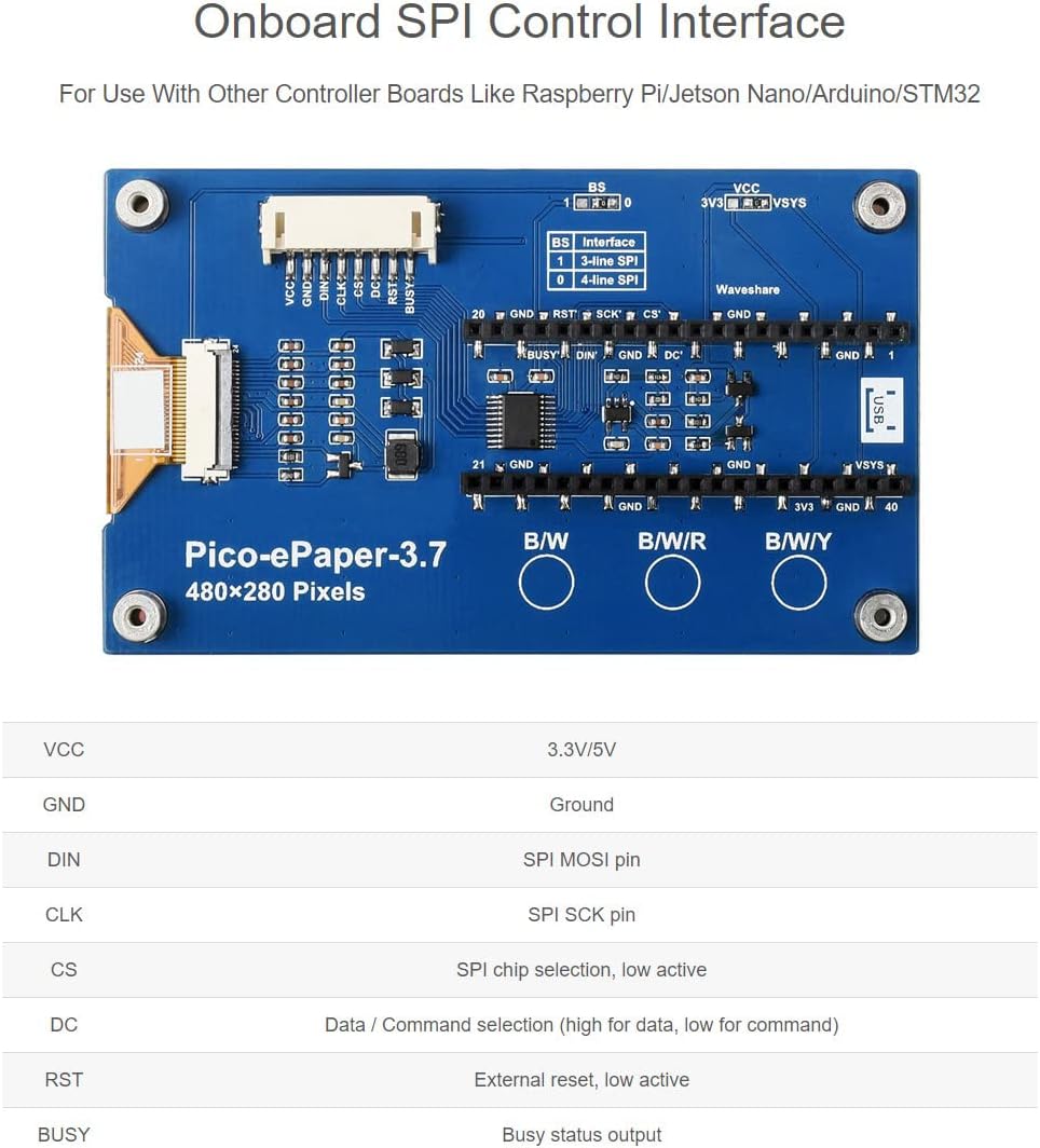 waveshare 3.7inch E-Paper E-Ink Display Module for Raspberry Pi Pico 480×280 Pixels Black/White SPI Interface Support Partial Refresh