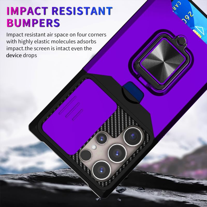 Image of LuxuryKase Shockproof Armor Case for Samsung Galaxy S24 Ultra | Slide Camera Cover | Hidden Card Slot | Rotating Ring Kickstand | Magnetic Car Mount Support | Military Grade Protection - Purple