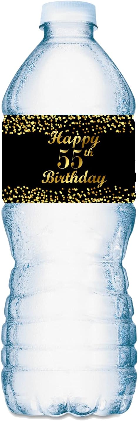 55th Birthday Black Water Bottle Labels; Set of 25 Waterproof Water Bottle Wrappers; Gold and Black Stickers. Happy Birthday Labels. Made in USA.