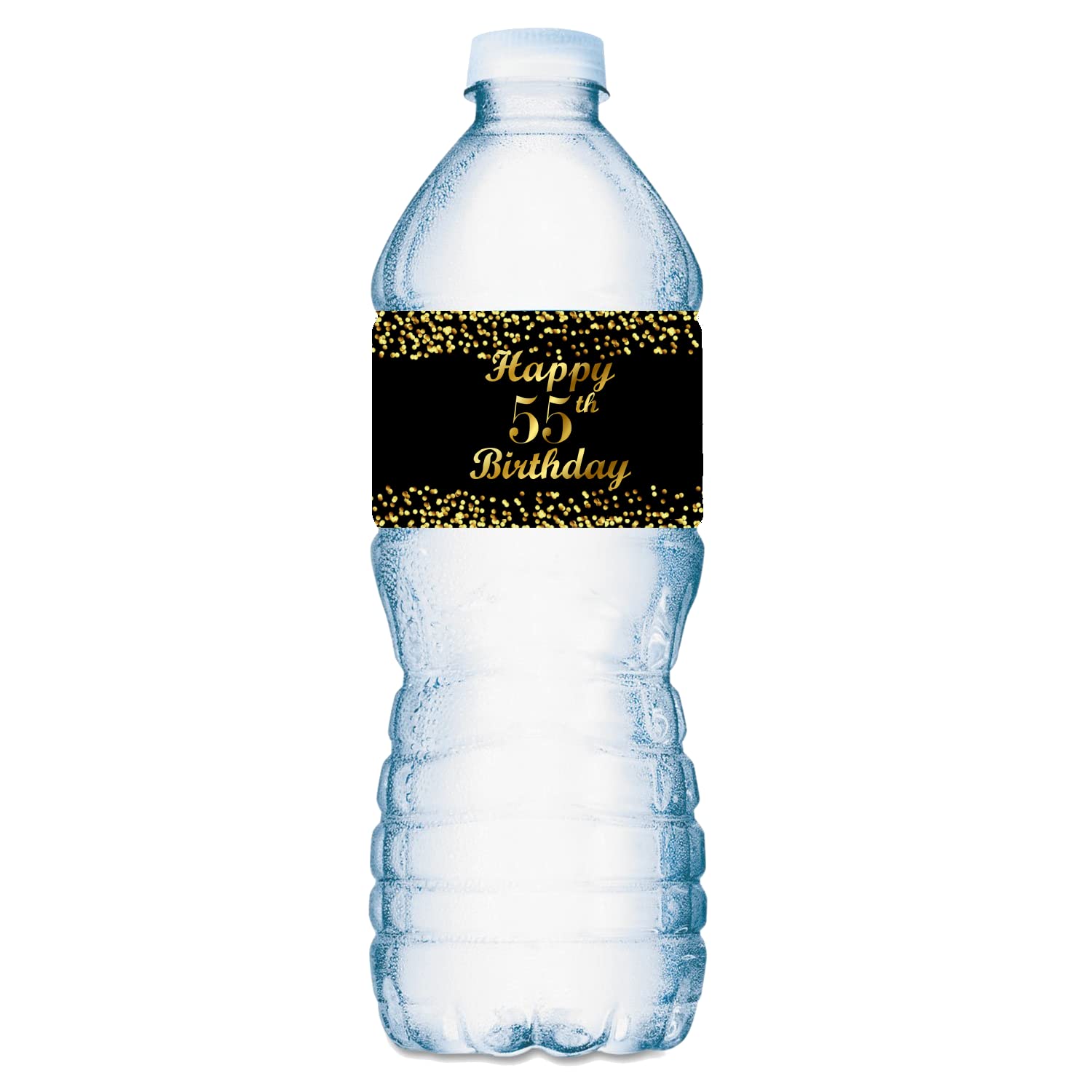 55th Birthday Black Water Bottle Labels; Set of 25 Waterproof Water Bottle Wrappers; Gold and Black Stickers. Happy Birthday Labels. Made in USA.