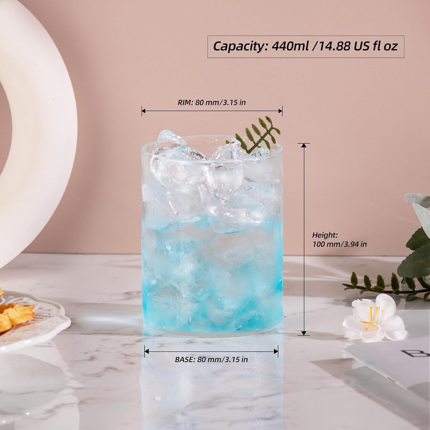 KAMMAK Water Glasses Set of 2, 14.8oz Glass Cup, Highball Drinking Glasses,Daliy Clear Glass for Cocktail, Juice, Tea, Iced Tea, Kitchen and Bar Glassware Gifts, Dishwasher Safe (05)