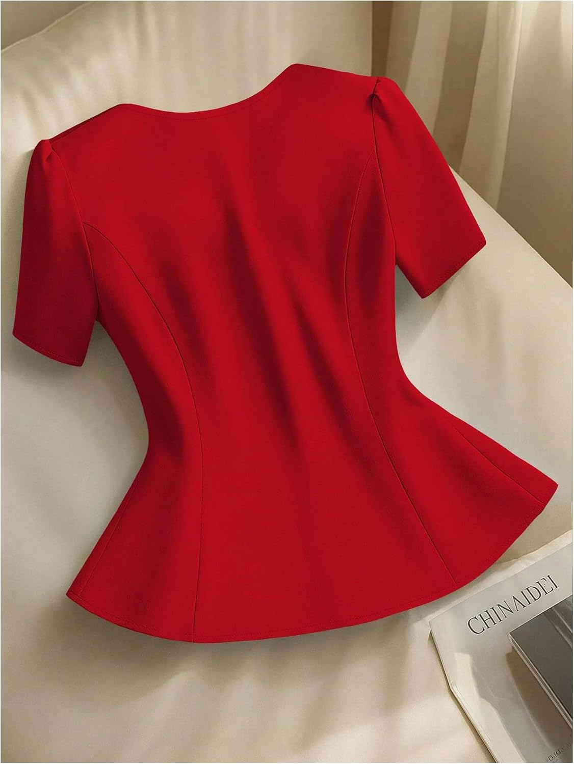 OYOANGLE Women's Metal Bow Button Down Blouse Short Sleeve Top Crew Neck Peplum Shirt