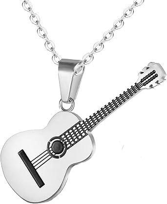 Guitar Necklace Men's Stainless Steel Rock Electric Guitar Bass Pendant Necklace Guitar Plectrum Necklace with Rolo Chain Hip Hop Music Style Personalised Gift for Men and Women