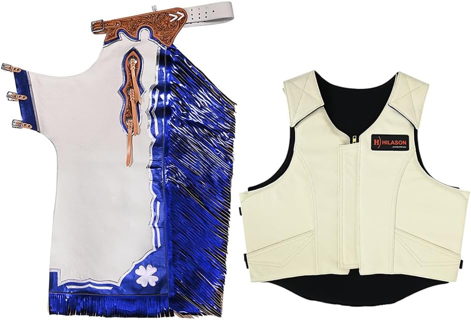 HILASON Western Horse Bull Riding Safety Leather Protective Vest & Rodeo Chaps Combo