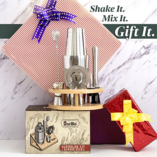Elite Mixology Bartender Kit Cocktail Shaker Set By Barillio: Drink Mixer Set With Bar Tools, Bamboo Stand Boston Shaker Mojito Muddler Mixing Spoon Jigger Recipes Booklet #TOP4