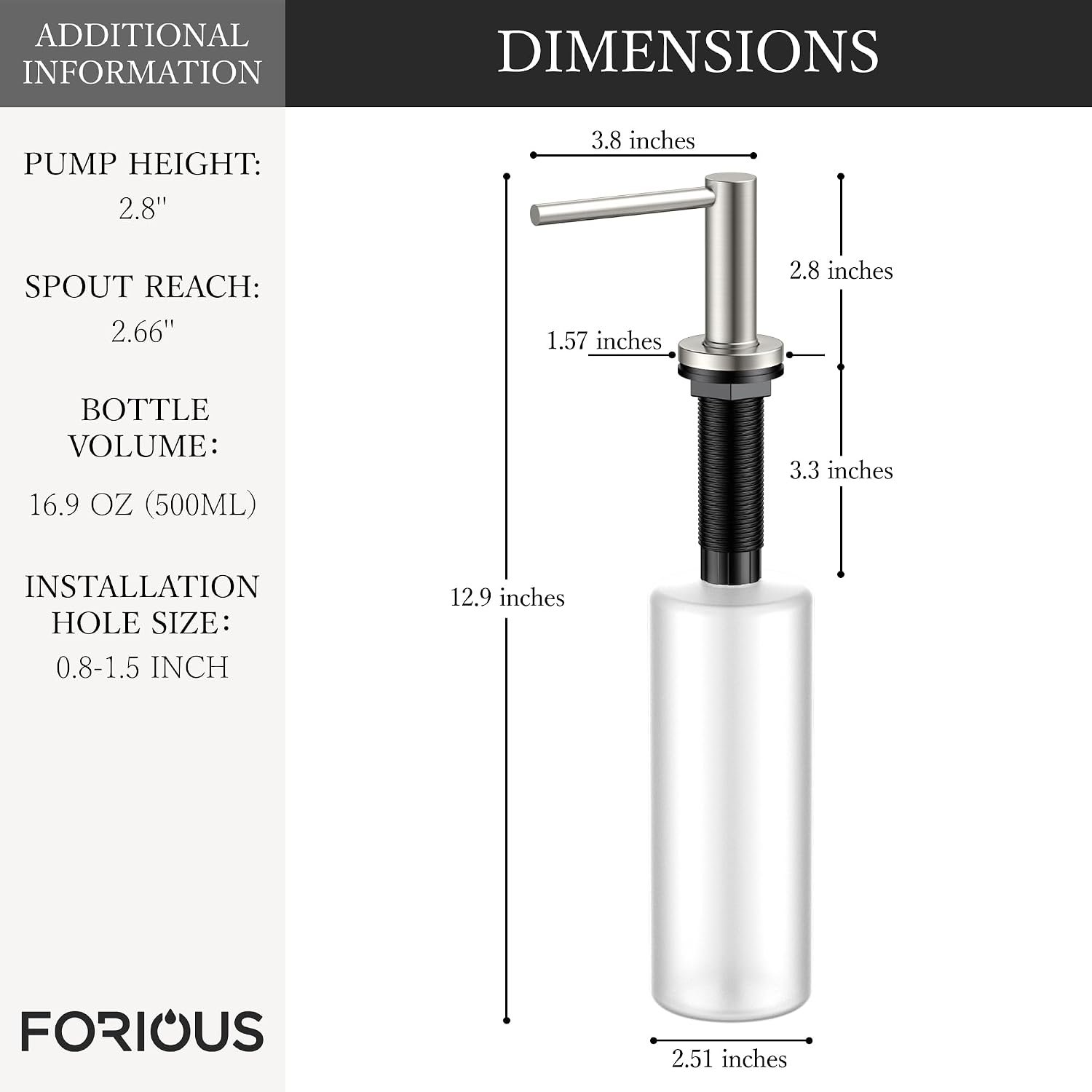 FORIOUS Soap Dispenser for Kitchen Sink, Stainless Steel Liquid Dish Soap Dispenser Pump with Top Refill 17oz Soap Bottle, Brushed Nickel Built in Sink Lotion Dispenser for Kitchen Countertop