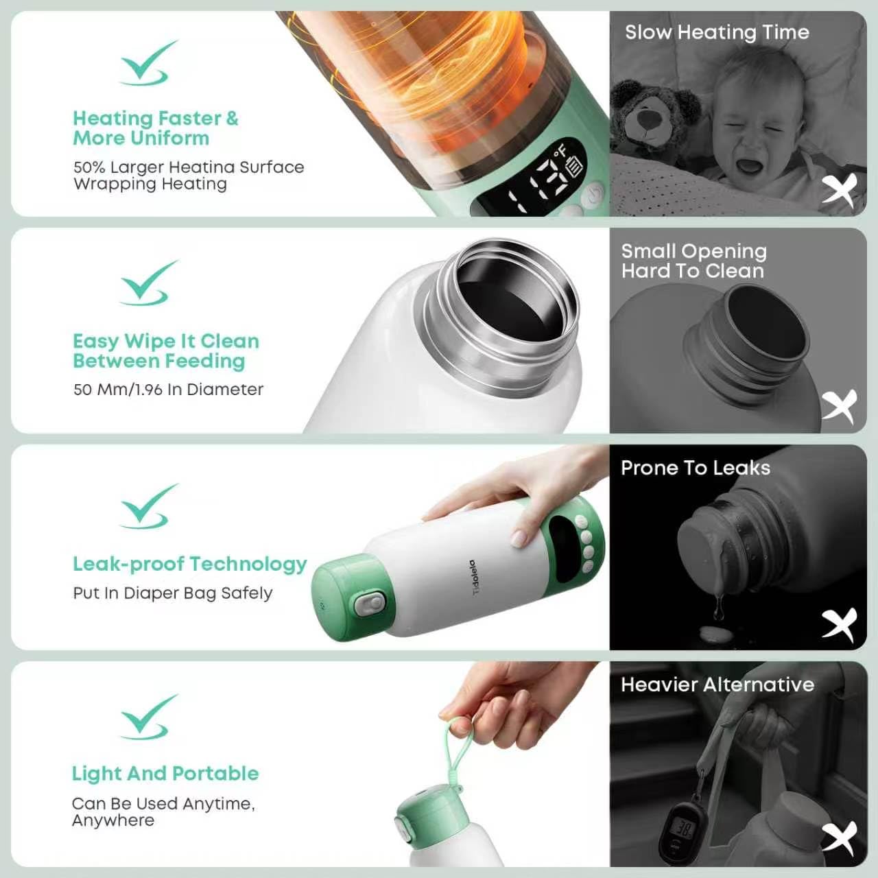 Portable Bottle Warmer for Travel, Fast Heating in 2 Mins, Dual Heating for Breastmilk & Water, Long Battery Life, 6 Temp Settings with Keep Warm, Built-in Sterilizer, 17oz (Green) thumbnail