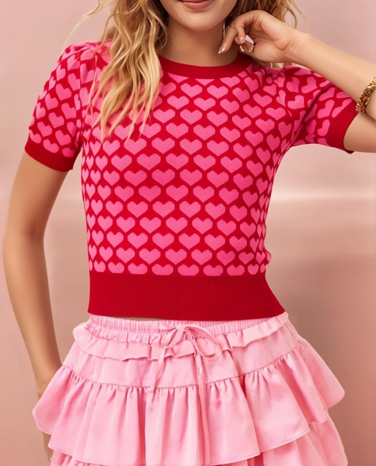 Women Puff Short Sleeve Sweater Cropped Knit Shirts Cute Heart Valentines Pullover Crop Top(Please Size up) - Image 3