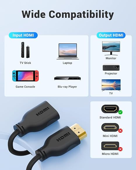 HDMI Extension Cable 4K, HDMI Extender Male to Female, 20cm, 1 Pack | 18 Gbps, Short HDMI Cable Adapter, Supports 4K@60Hz, 3D UHD, Compatible with Fire TV Stick, HDTV, Monitor, Projector, Laptop