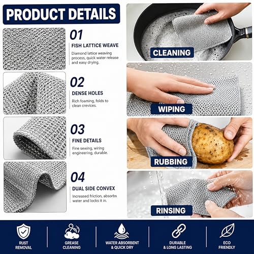 Image of 6 Pack Non-Scratch Wire Dish Cloth with 3 Scrub Cleaning Brushes & 3 Free Hooks | Reusable Wire Dishwashing Cloth for Wet & Dry Use | Kitchen Scrubber for Dishes, Utensils, Sink, Stove & Cookware