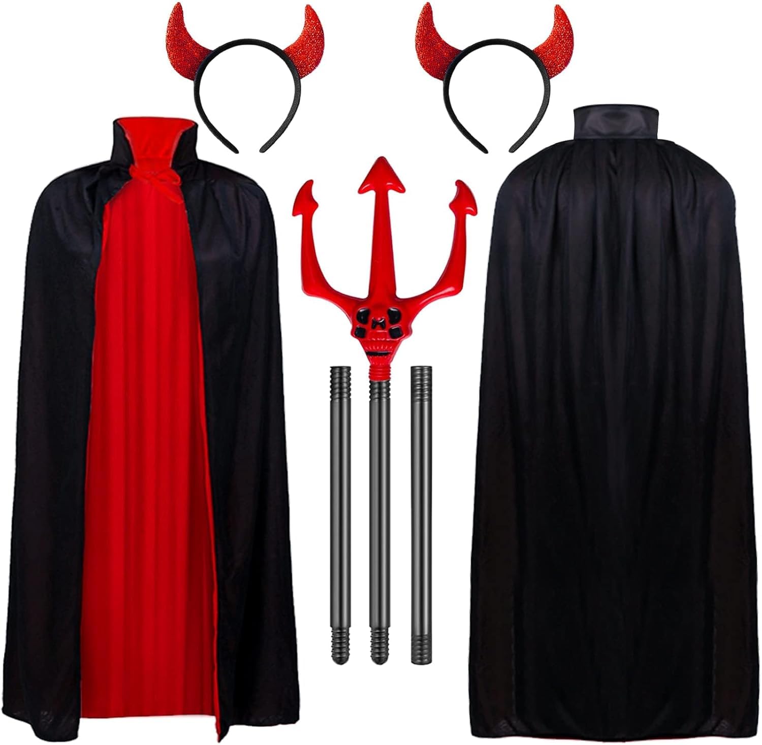 3 Pieces Halloween Devil Vampire Costume Set, Halloween Vampire Cape Reversible Coat, Devil Horns Headband, Devil Fork, Red Shiny Headband for Halloween Party Props, Devil Outfit