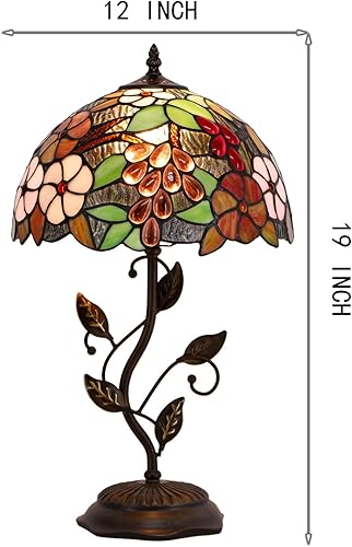 Miniatura 8 de Tiffany - Lámpara de mesa estilo escamas de peces, lámpara de mesa de vitral, luz de lectura de escritorio, 12 x 12 x 19 pulgadas con base de hojas