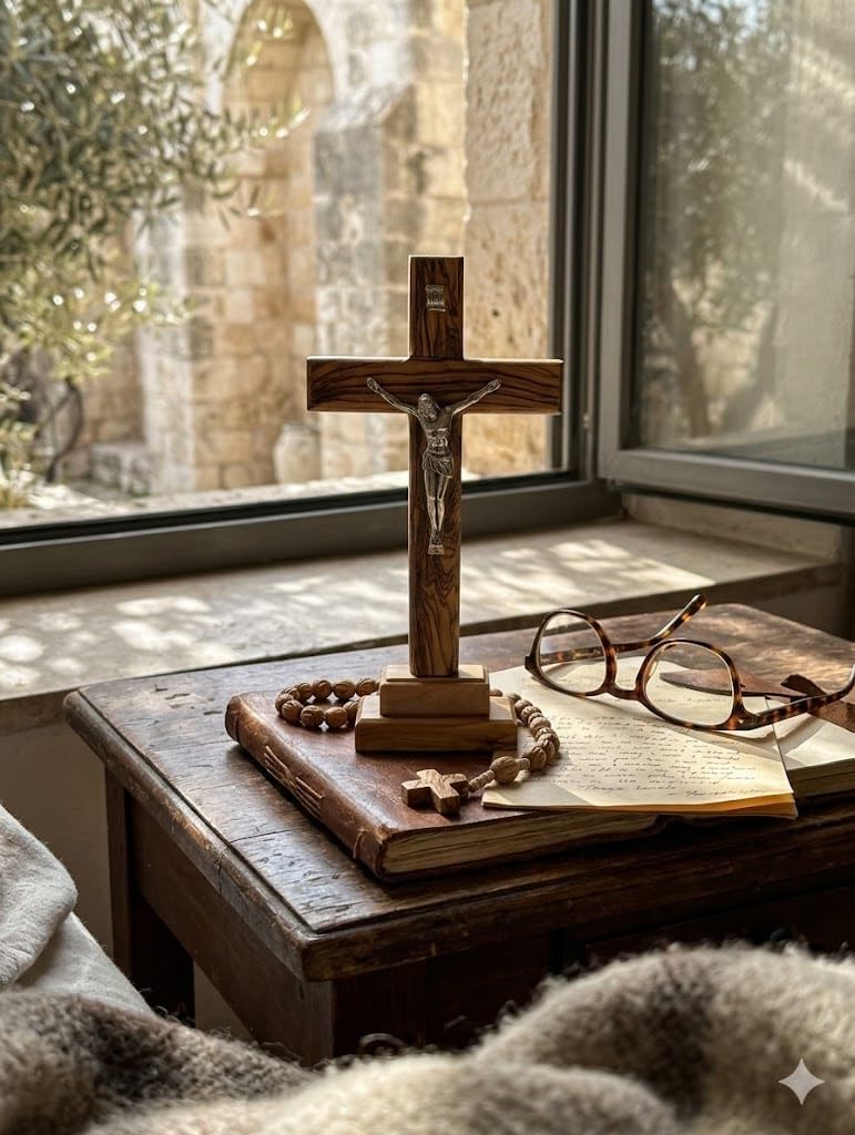 Zuluf Olive Wood Crucifix 9 Inch Deacon Ordination Seminarian Religious Profession Vocation Gift, Silver-Tone Corpus Hand Carved Jerusalem Holy Land Catholic Tabletop Decor