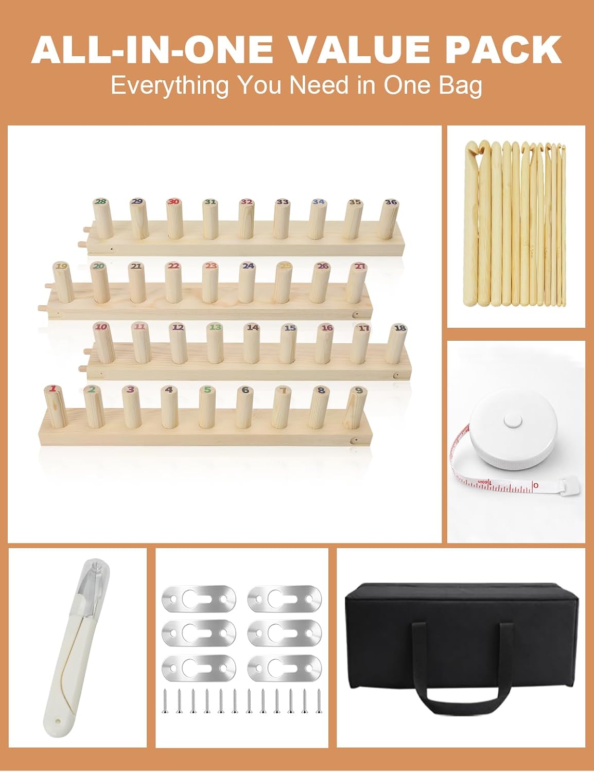 LynxLink 64" Extra Large Chunky Blanket Loom Kit for Beginners, Stable Splinter-Free Wooden Modular Yarn Loom with 12 Sizes Crochet Hooks and Bag, Adjustable Knitting Loom Set Throws DIY Craft