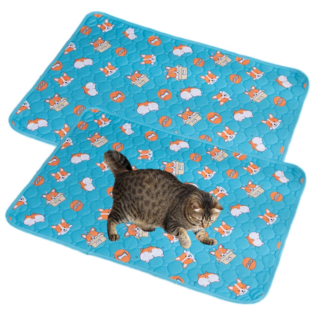 Mateju Reusable Pee Pads for Dogs, 2 Pieces Washable Puppy Training Pad Pets Dogs Cats Non-Slip Mat Super Absorbent Leak Proof Food Bowl Mats for Travel Training Pad Indoor (45x60CM,Blue Corgi)