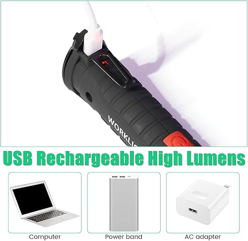 Miniatura 4 de 8 piezas de luz de trabajo recargable, linternas magnéticas, luz de trabajo LED con base magnética, gancho para colgar, soporte de rotación de 360