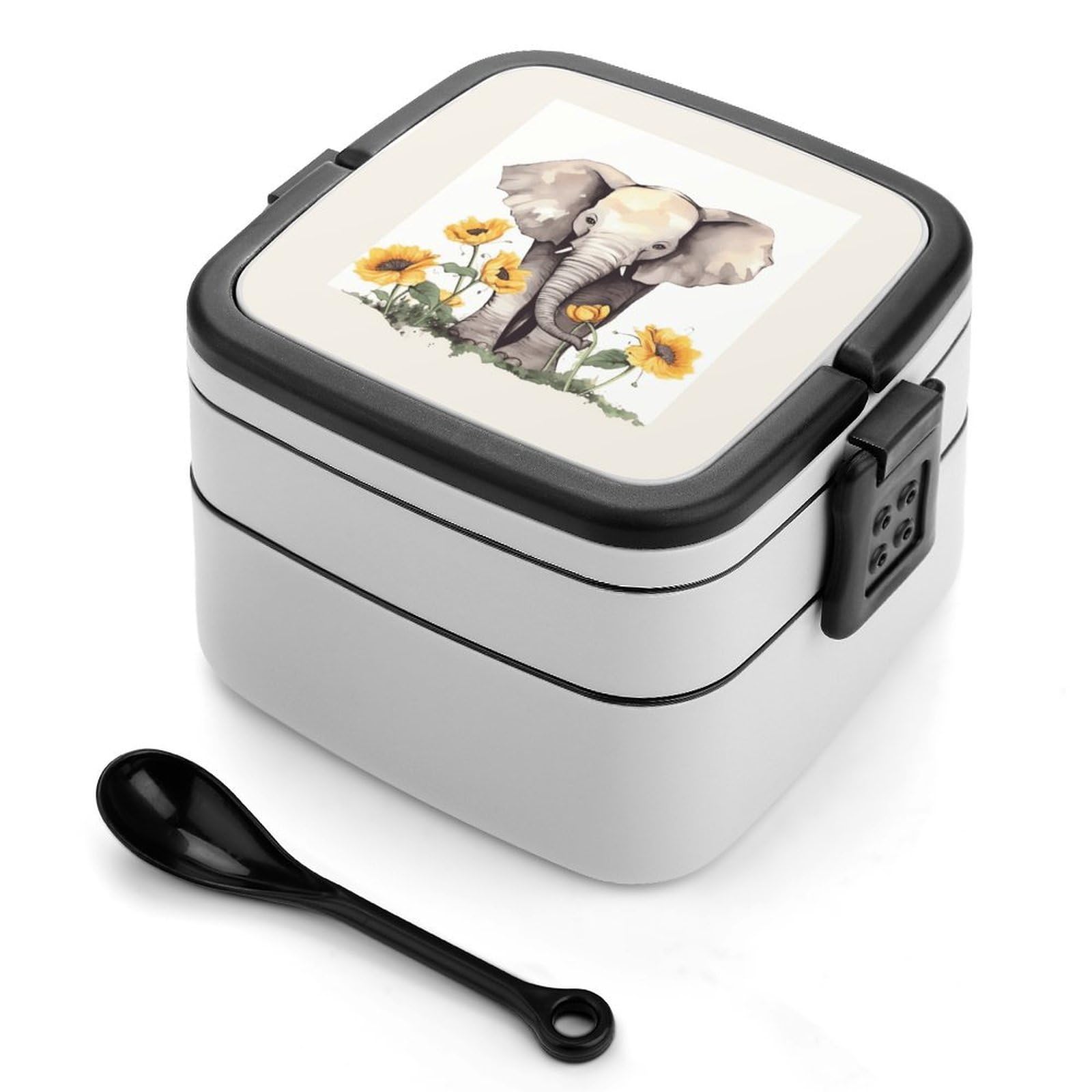FekiLoot Elephant And Sunflower Bento Box Adult Lunch Box Sealed Bento Lunch Boxes with Spoon Sturdy Double Layer Bento Boxes Snap-on Design Leak Proof Lunch Containers Ideal for Work